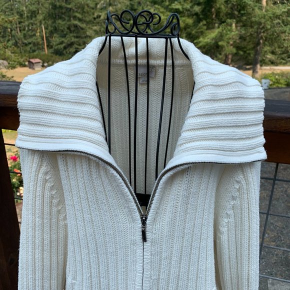Caslon Women's Large Cream Cableknit Double Zipper with High Collar - Picture 2 of 13